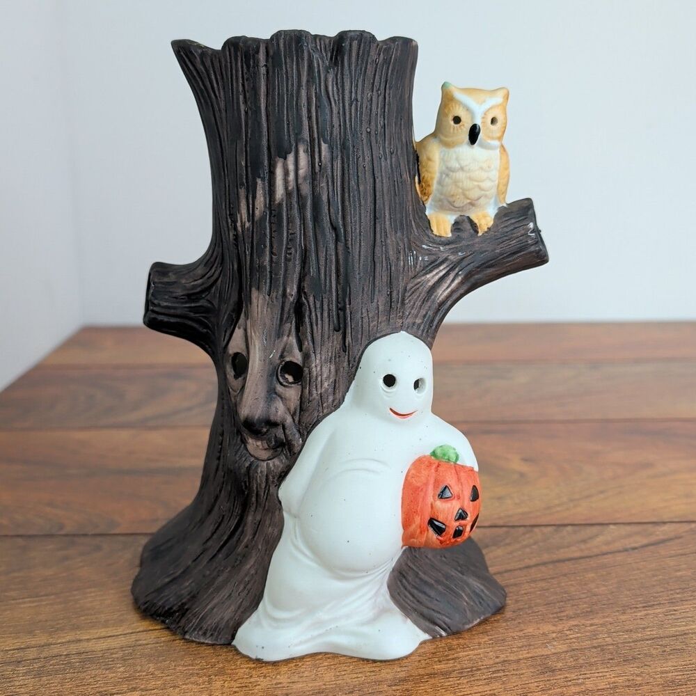 Vtg Light Up Ceramic Halloween Tree Ghost Owl Pumpkin Scary Figurine 1985 Taiwan